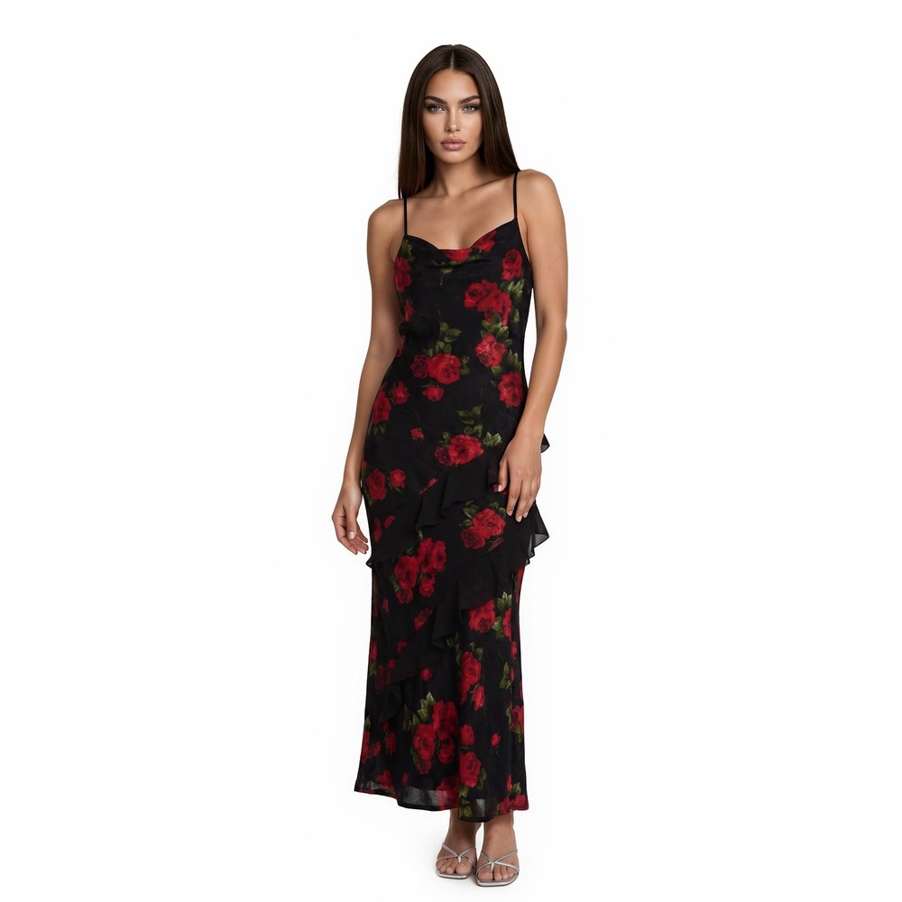 BCX Maxi Dress Women's Size Medium Black Red Rose Floral Drape Neck Ruffle